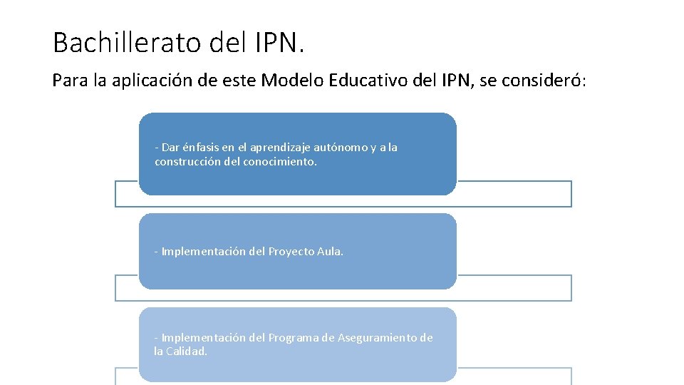 Bachillerato del IPN. Para la aplicación de este Modelo Educativo del IPN, se consideró: