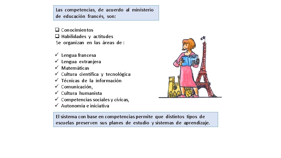 Las competencias, de acuerdo al ministerio de educación francés, son: q Conocimientos q Habilidades