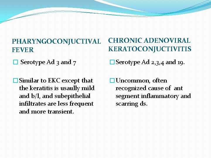 PHARYNGOCONJUCTIVAL FEVER CHRONIC ADENOVIRAL KERATOCONJUCTIVITIS � Serotype Ad 3 and 7 �Serotype Ad 2,