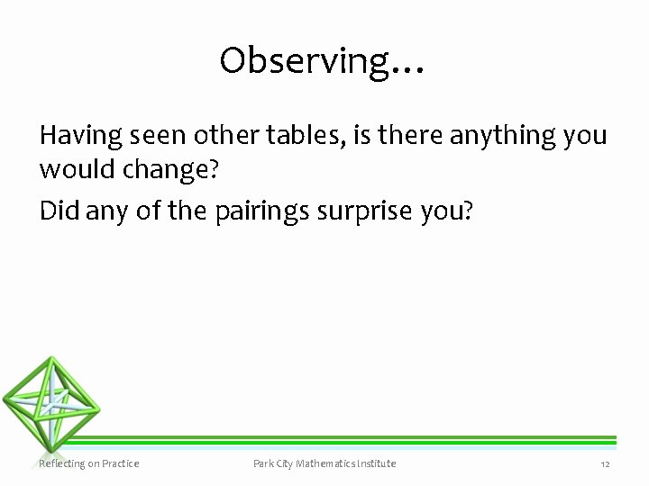 Observing… Having seen other tables, is there anything you would change? Did any of