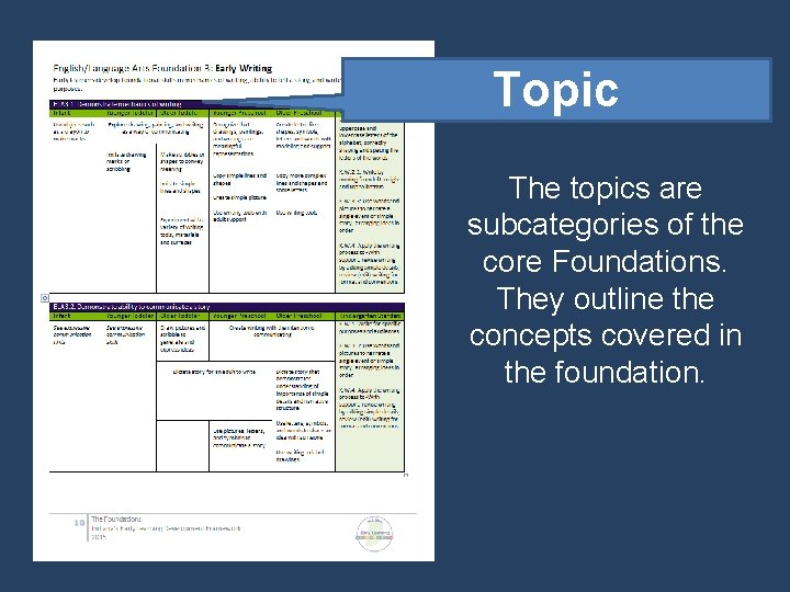 Topic The topics are subcategories of the core Foundations. They outline the concepts covered