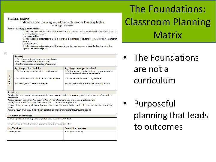 The Foundations: Classroom Planning Matrix • The Foundations are not a curriculum • Purposeful