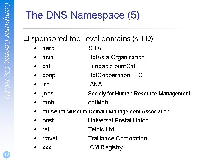 Computer Center, CS, NCTU 12 The DNS Namespace (5) q sponsored top-level domains (s. Computer Center, CS, NCTU 12 The DNS Namespace (5) q sponsored top-level domains (s.