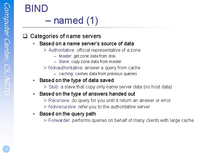 Computer Center, CS, NCTU BIND – named (1) q Categories of name servers • Computer Center, CS, NCTU BIND – named (1) q Categories of name servers •
