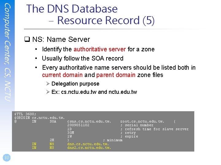 Computer Center, CS, NCTU The DNS Database – Resource Record (5) q NS: Name Computer Center, CS, NCTU The DNS Database – Resource Record (5) q NS: Name