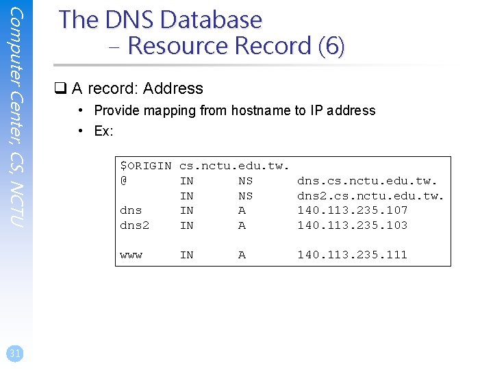 Computer Center, CS, NCTU The DNS Database – Resource Record (6) q A record: Computer Center, CS, NCTU The DNS Database – Resource Record (6) q A record: