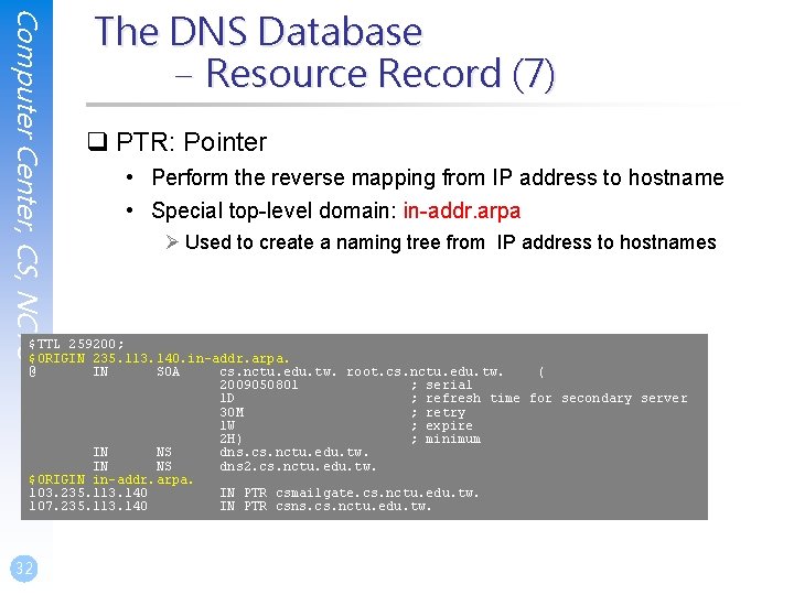Computer Center, CS, NCTU The DNS Database – Resource Record (7) q PTR: Pointer Computer Center, CS, NCTU The DNS Database – Resource Record (7) q PTR: Pointer