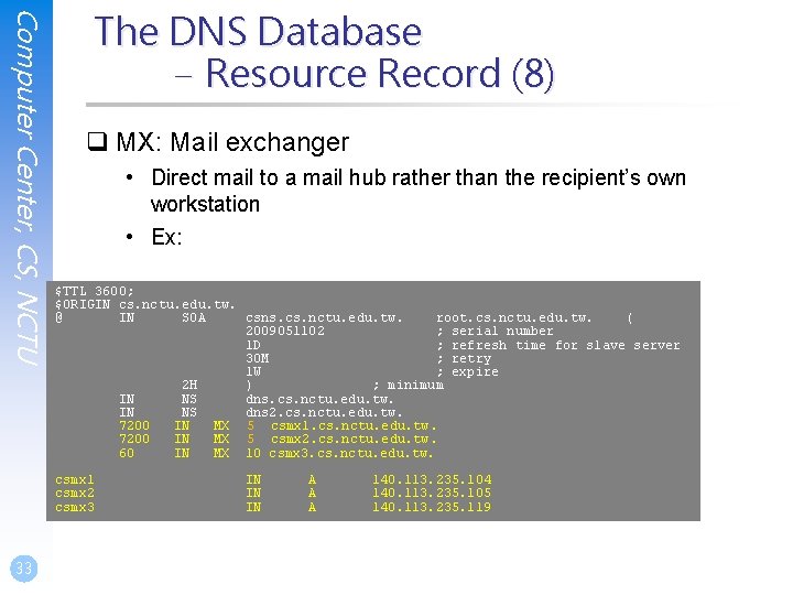 Computer Center, CS, NCTU The DNS Database – Resource Record (8) q MX: Mail Computer Center, CS, NCTU The DNS Database – Resource Record (8) q MX: Mail