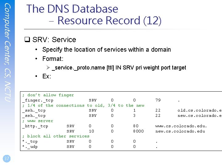 Computer Center, CS, NCTU 37 The DNS Database – Resource Record (12) q SRV: Computer Center, CS, NCTU 37 The DNS Database – Resource Record (12) q SRV: