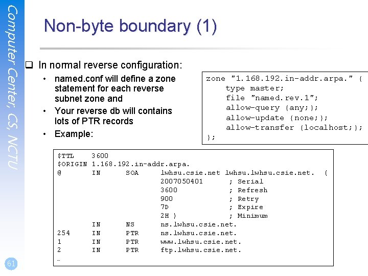 Computer Center, CS, NCTU 61 Non-byte boundary (1) q In normal reverse configuration: • Computer Center, CS, NCTU 61 Non-byte boundary (1) q In normal reverse configuration: •