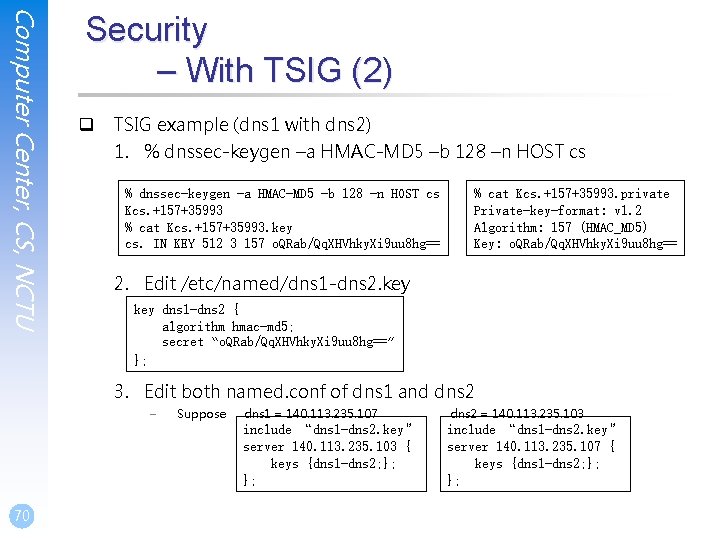 Computer Center, CS, NCTU Security – With TSIG (2) q TSIG example (dns 1 Computer Center, CS, NCTU Security – With TSIG (2) q TSIG example (dns 1