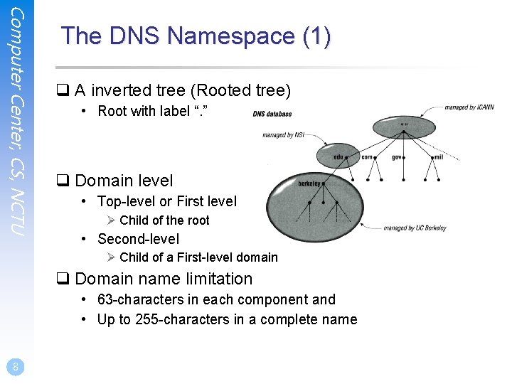 Computer Center, CS, NCTU The DNS Namespace (1) q A inverted tree (Rooted tree) Computer Center, CS, NCTU The DNS Namespace (1) q A inverted tree (Rooted tree)