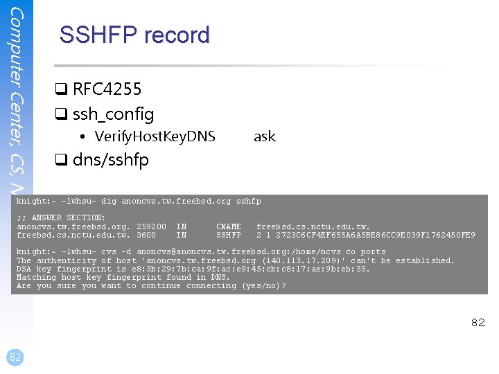 Computer Center, CS, NCTU SSHFP record q RFC 4255 q ssh_config • Verify. Host. Computer Center, CS, NCTU SSHFP record q RFC 4255 q ssh_config • Verify. Host.