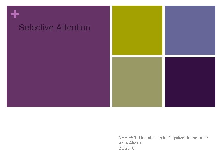 + Selective Attention NBE-E 5700 Introduction to Cognitive Neuroscience Anna Äimälä 2. 2. 2016