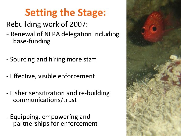 Setting the Stage: Rebuilding work of 2007: - Renewal of NEPA delegation including base-funding