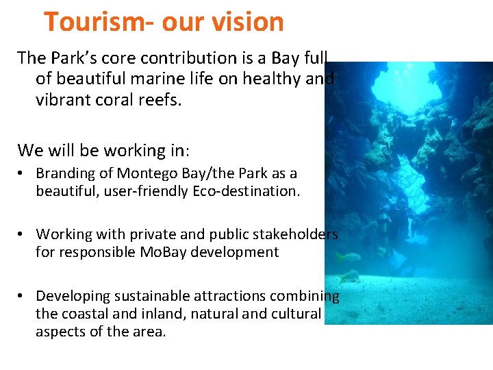 Tourism- our vision The Park’s core contribution is a Bay full of beautiful marine