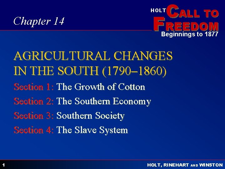 CALL TO HOLT FREEDOM Chapter 14 Beginnings to 1877 AGRICULTURAL CHANGES IN THE SOUTH