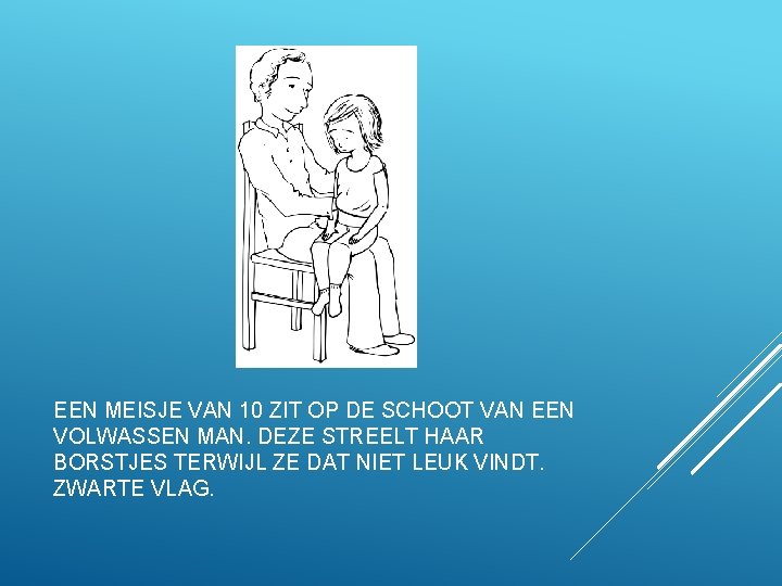 EEN MEISJE VAN 10 ZIT OP DE SCHOOT VAN EEN VOLWASSEN MAN. DEZE STREELT