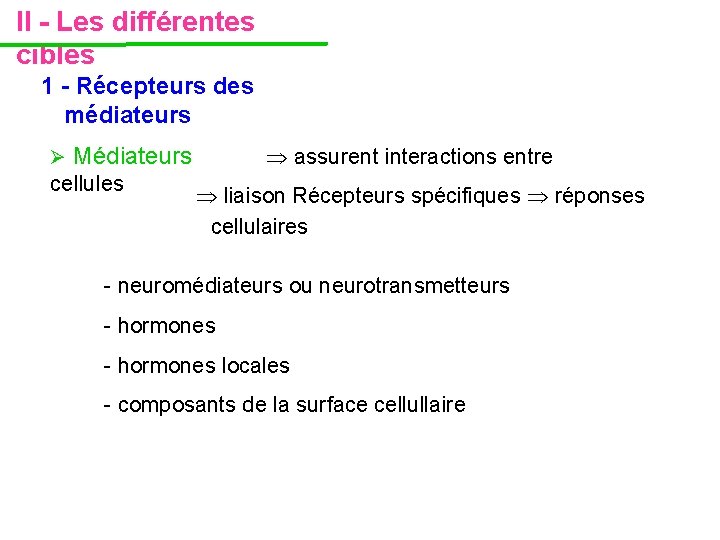 II - Les différentes cibles 1 - Récepteurs des médiateurs Médiateurs cellules assurent interactions II - Les différentes cibles 1 - Récepteurs des médiateurs Médiateurs cellules assurent interactions