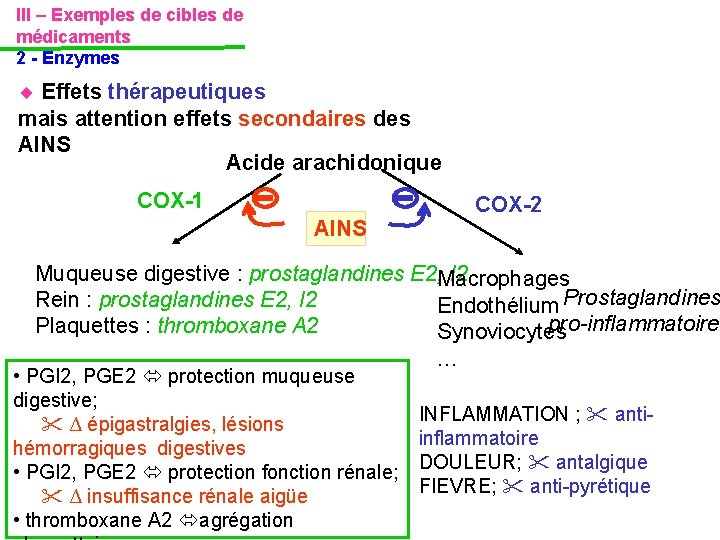 III – Exemples de cibles de médicaments 2 - Enzymes Effets thérapeutiques mais attention III – Exemples de cibles de médicaments 2 - Enzymes Effets thérapeutiques mais attention