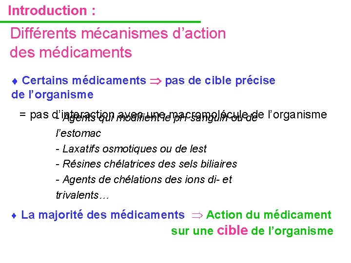 Introduction : Différents mécanismes d’action des médicaments Certains médicaments pas de cible précise de Introduction : Différents mécanismes d’action des médicaments Certains médicaments pas de cible précise de
