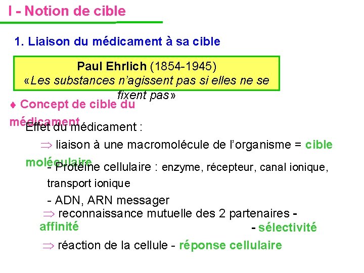I - Notion de cible 1. Liaison du médicament à sa cible Paul Ehrlich I - Notion de cible 1. Liaison du médicament à sa cible Paul Ehrlich