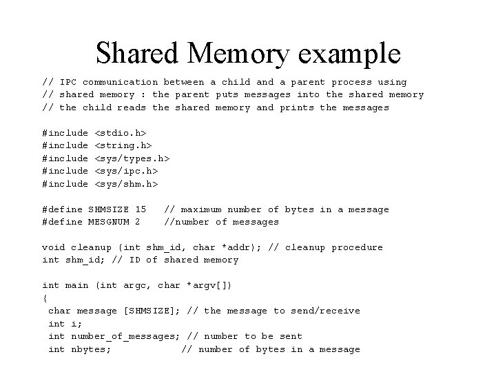 Shared Memory example // IPC communication between a child and a parent process using