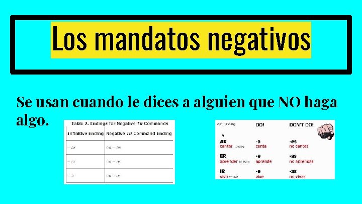 Los mandatos negativos Se usan cuando le dices a alguien que NO haga algo.