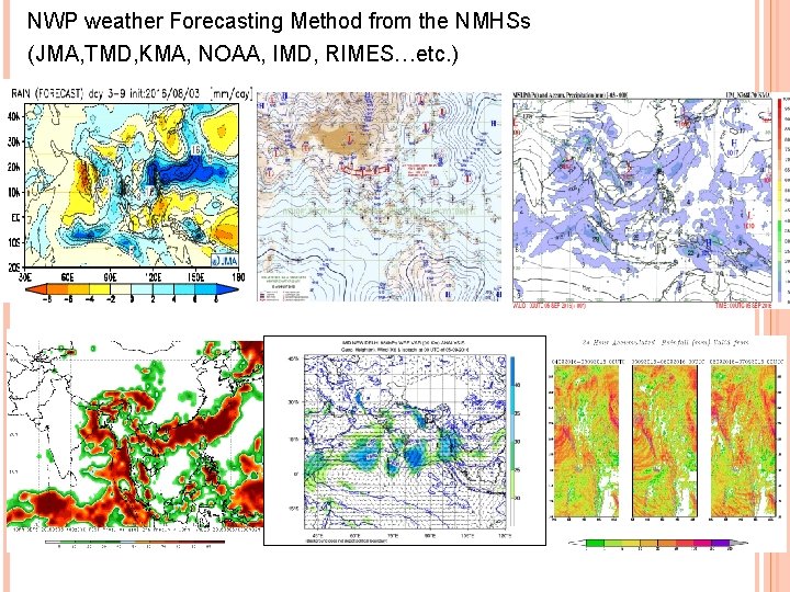 NWP weather Forecasting Method from the NMHSs (JMA, TMD, KMA, NOAA, IMD, RIMES…etc. ) NWP weather Forecasting Method from the NMHSs (JMA, TMD, KMA, NOAA, IMD, RIMES…etc. )