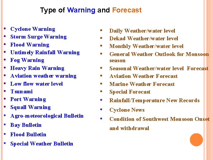 Type of Warning and Forecast • • • • Cyclone Warning Storm Surge Warning Type of Warning and Forecast • • • • Cyclone Warning Storm Surge Warning