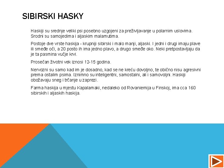 SIBIRSKI HASKY Haskiji su srednje veliki psi posebno uzgojeni za preživljavanje u polarnim uslovima.