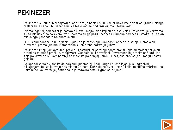PEKINEZER Pekinezeri su pripadnici najstarije rase pasa, a nastali su u Kini. Njihovo ime