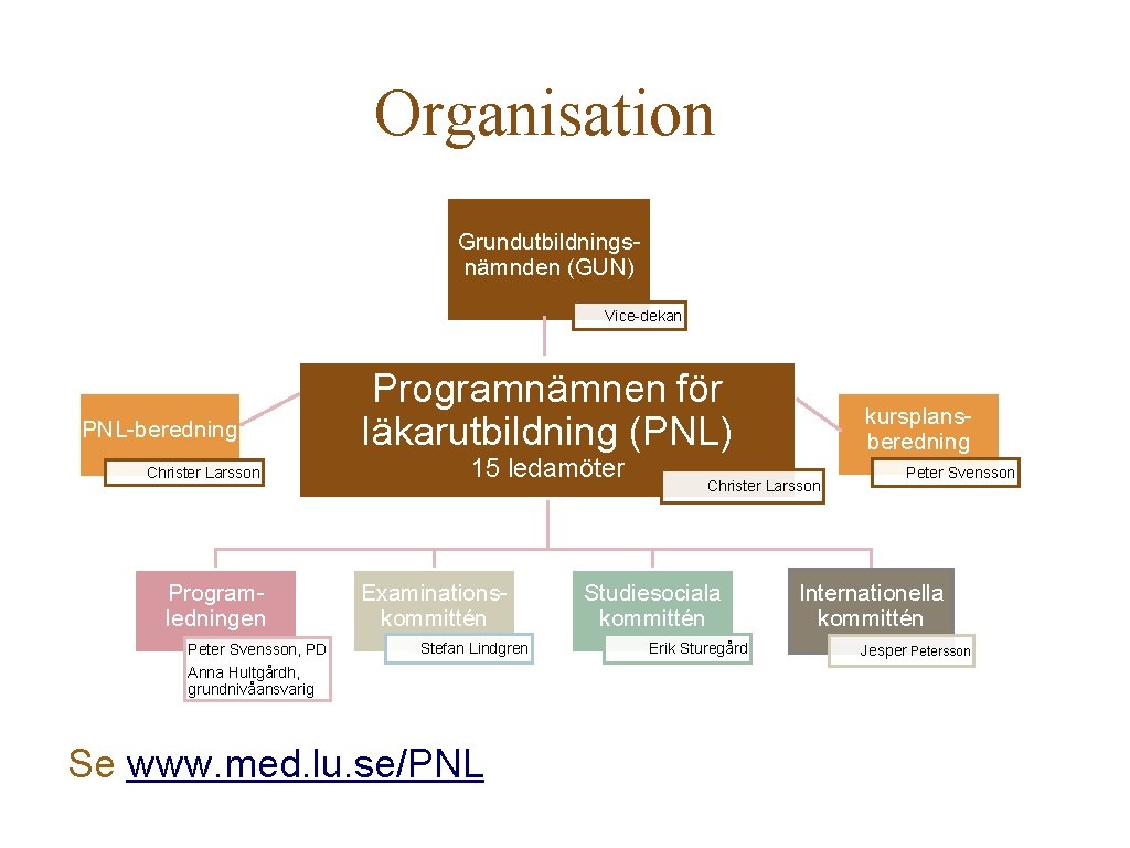 Organisation Grundutbildningsnämnden (GUN) Vice-dekan PNL-beredning Christer Larsson Programledningen Peter Svensson, PD Anna Hultgårdh, grundnivåansvarig