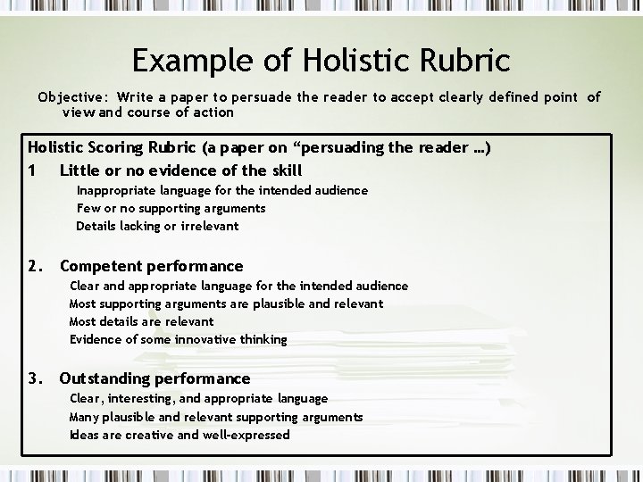 Example of Holistic Rubric Objective: Write a paper to persuade the reader to accept