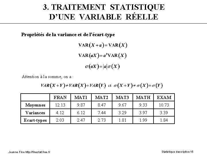 3. TRAITEMENT STATISTIQUE D’UNE VARIABLE RÉELLE Propriétés de la variance et de l'écart-type Attention