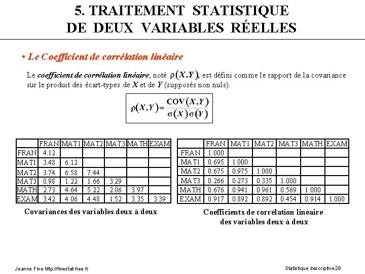 5. TRAITEMENT STATISTIQUE DE DEUX VARIABLES RÉELLES • Le Coefficient de corrélation linéaire Le