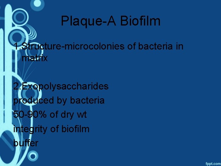 Plaque-A Biofilm 1. Structure-microcolonies of bacteria in matrix 2. Exopolysaccharides produced by bacteria 50