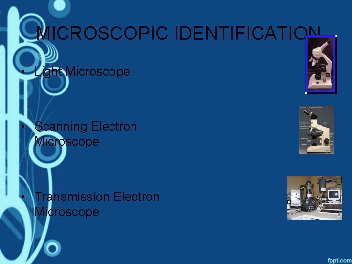 MICROSCOPIC IDENTIFICATION • Light Microscope • Scanning Electron Microscope • Transmission Electron Microscope 