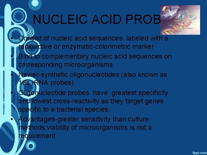 NUCLEIC ACID PROBES • Consist of nucleic acid sequences labeled with a radioactive or