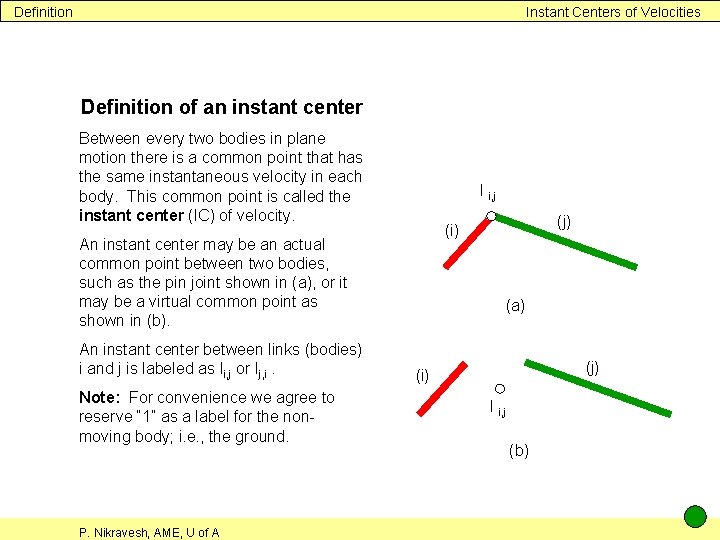 Definition Instant Centers of Velocities Definition of an instant center Between every two bodies