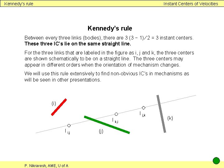 Kennedy’s rule Instant Centers of Velocities Kennedy’s rule Between every three links (bodies), there