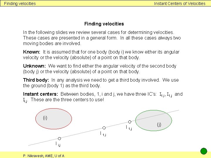 Finding velocities Instant Centers of Velocities Finding velocities In the following slides we review