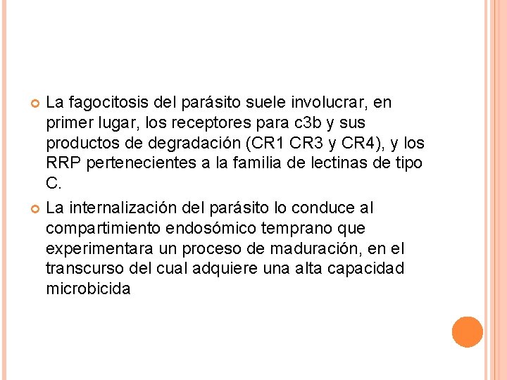 La fagocitosis del parásito suele involucrar, en primer lugar, los receptores para c 3