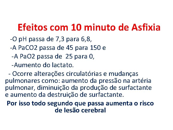 Efeitos com 10 minuto de Asfixia -O p. H passa de 7, 3 para