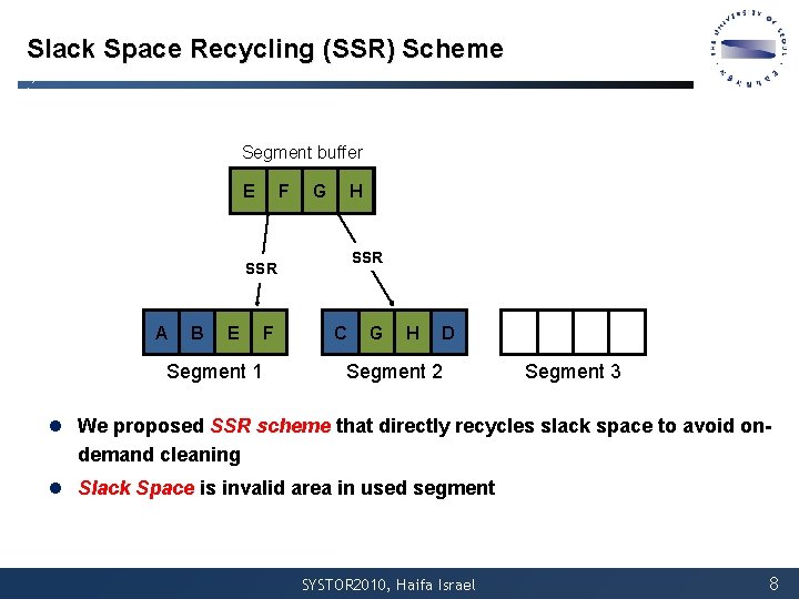 Slack Space Recycling (SSR) Scheme Segment buffer E F G H SSR A B Slack Space Recycling (SSR) Scheme Segment buffer E F G H SSR A B