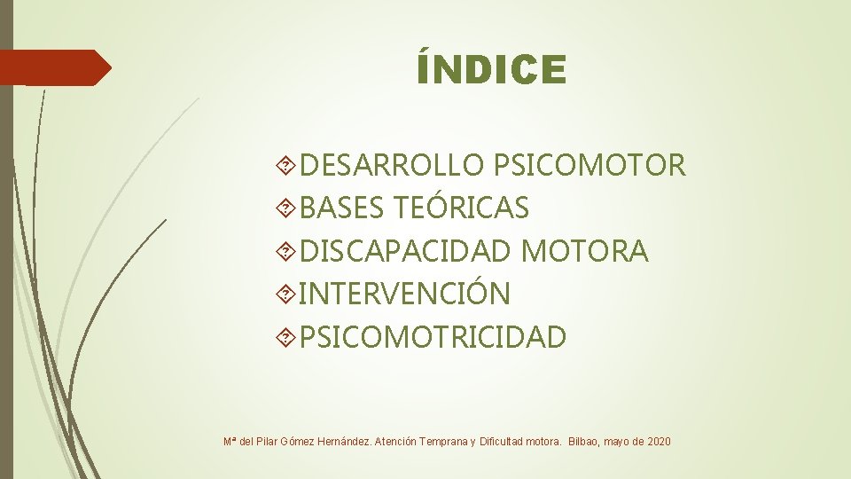 ÍNDICE DESARROLLO PSICOMOTOR BASES TEÓRICAS DISCAPACIDAD MOTORA INTERVENCIÓN PSICOMOTRICIDAD Mª del Pilar Gómez Hernández.