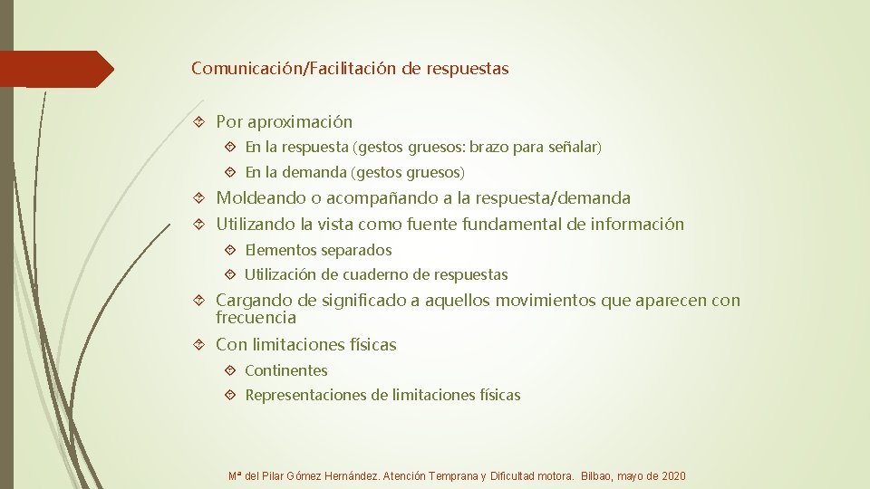 Comunicación/Facilitación de respuestas Por aproximación En la respuesta (gestos gruesos: brazo para señalar) En