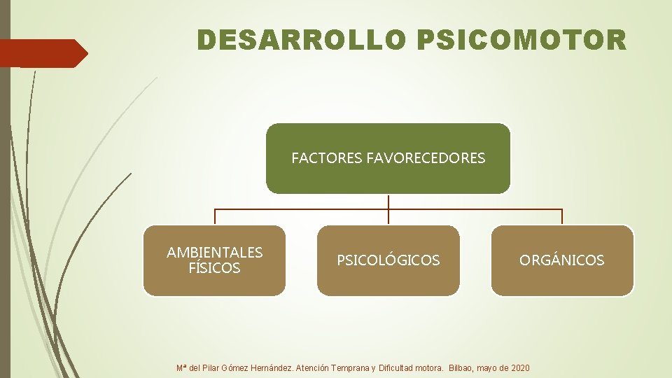 DESARROLLO PSICOMOTOR FACTORES FAVORECEDORES AMBIENTALES FÍSICOS PSICOLÓGICOS ORGÁNICOS Mª del Pilar Gómez Hernández. Atención