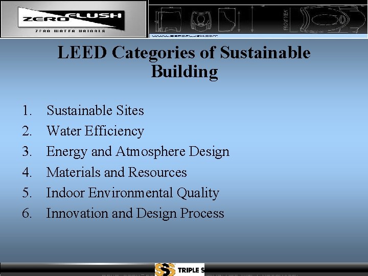 LEED Categories of Sustainable Building 1. 2. 3. 4. 5. 6. Sustainable Sites Water