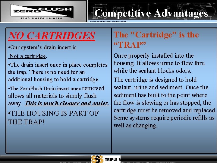 Competitive Advantages NO CARTRIDGES • Our system’s drain insert is Not a cartridge. •
